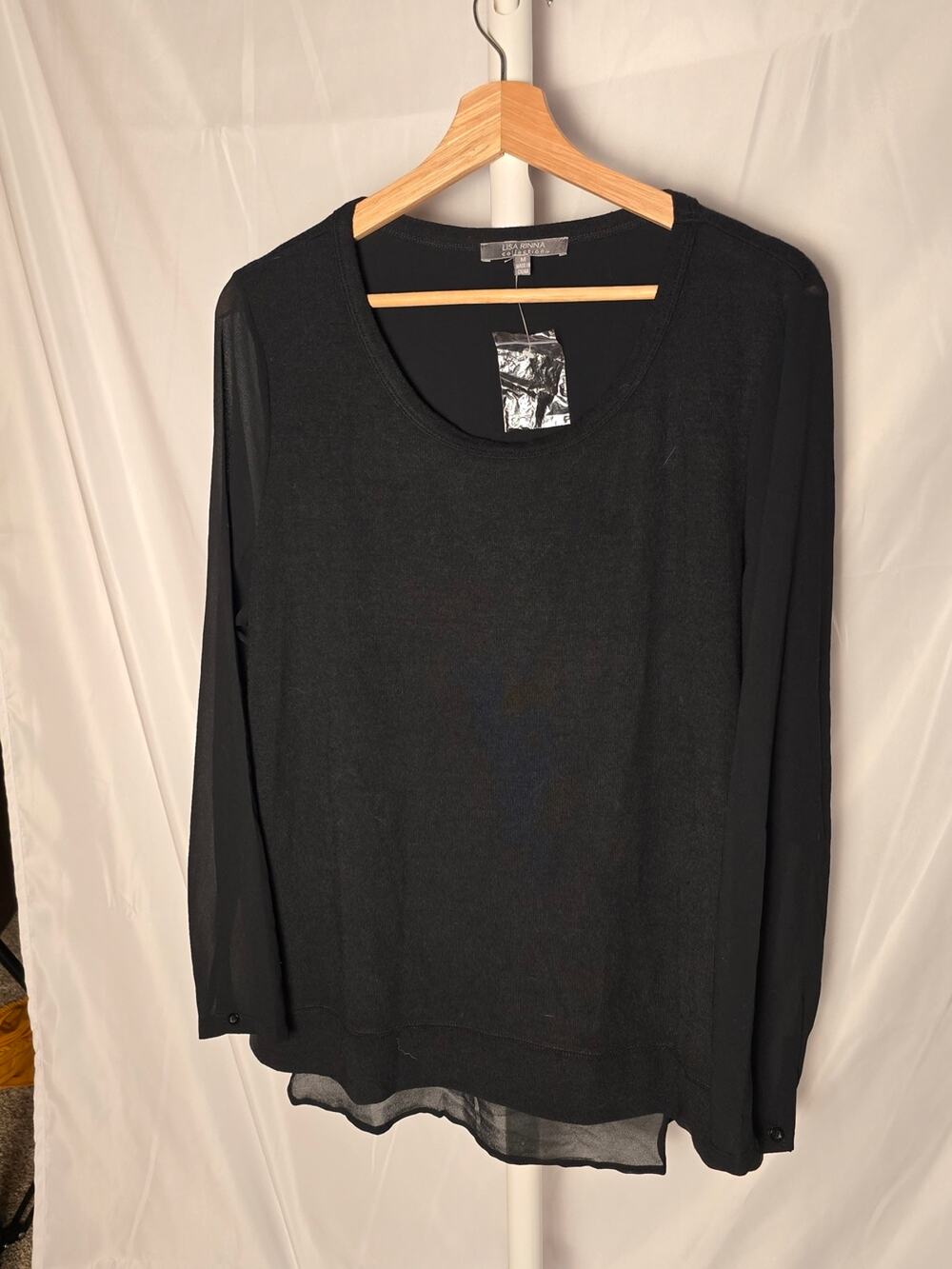 Lisa Rinna Collection Black Long Sleeve Layered Hem Top Size Medium